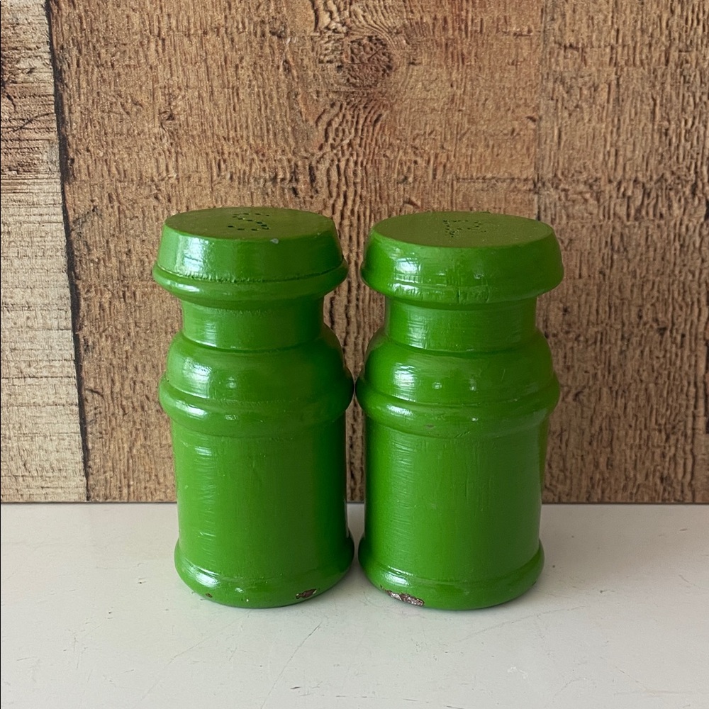 Vintage MCM Green Wooden Milk Can Salt & Pepper Shakers